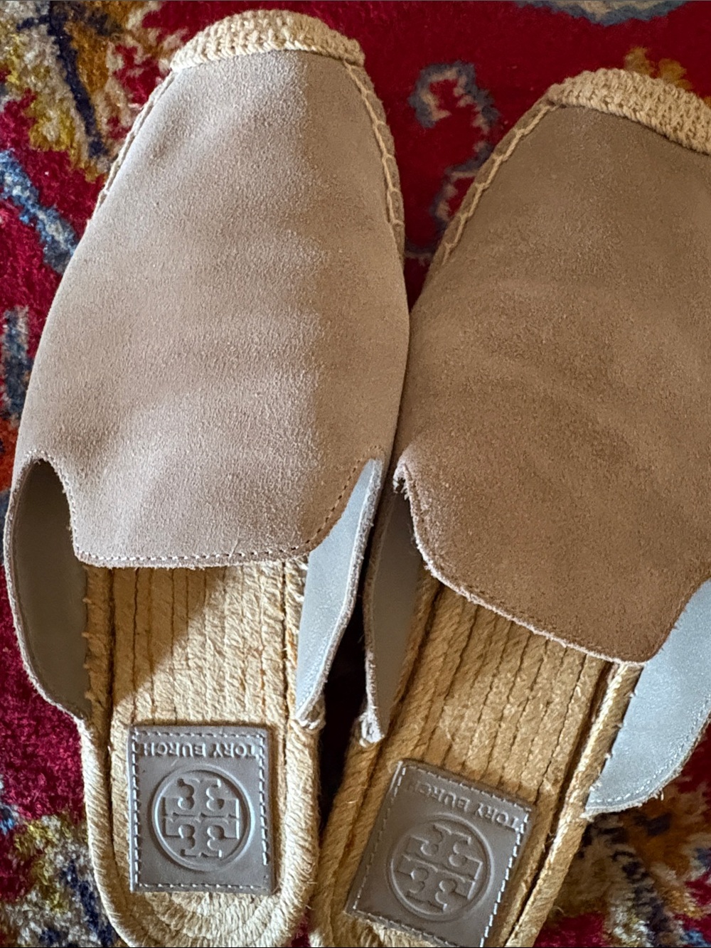 Tory Burch Light Taupe Suede Espadrille Slip-On Mules